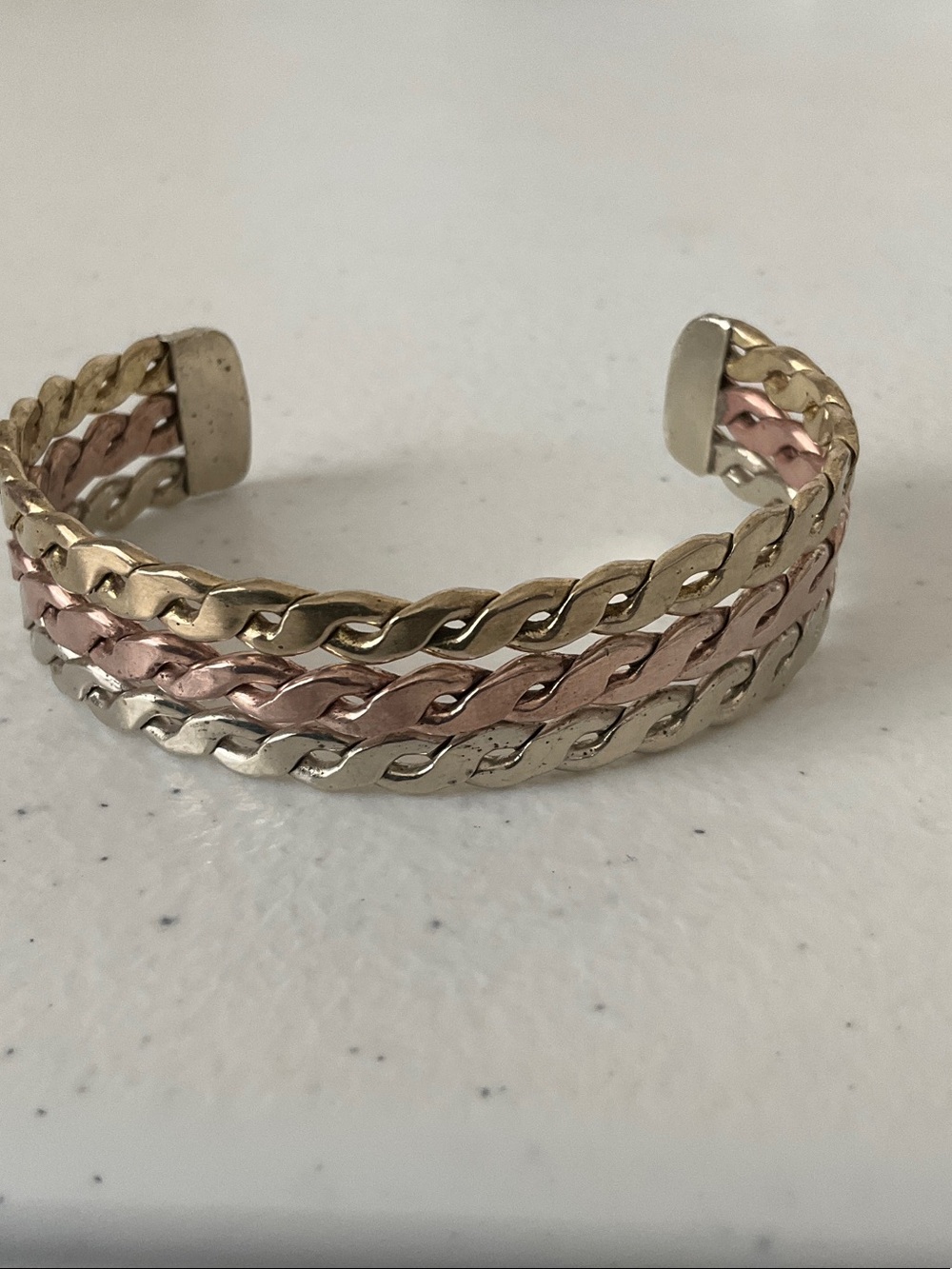 Tri-Tone Braided Open Cuff Bracelet — Gold, Rose & Silver Tone